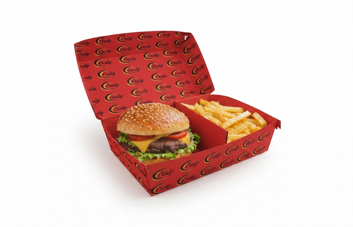 Çift gözlü seperatörlü baskılı hamburger kutusu 